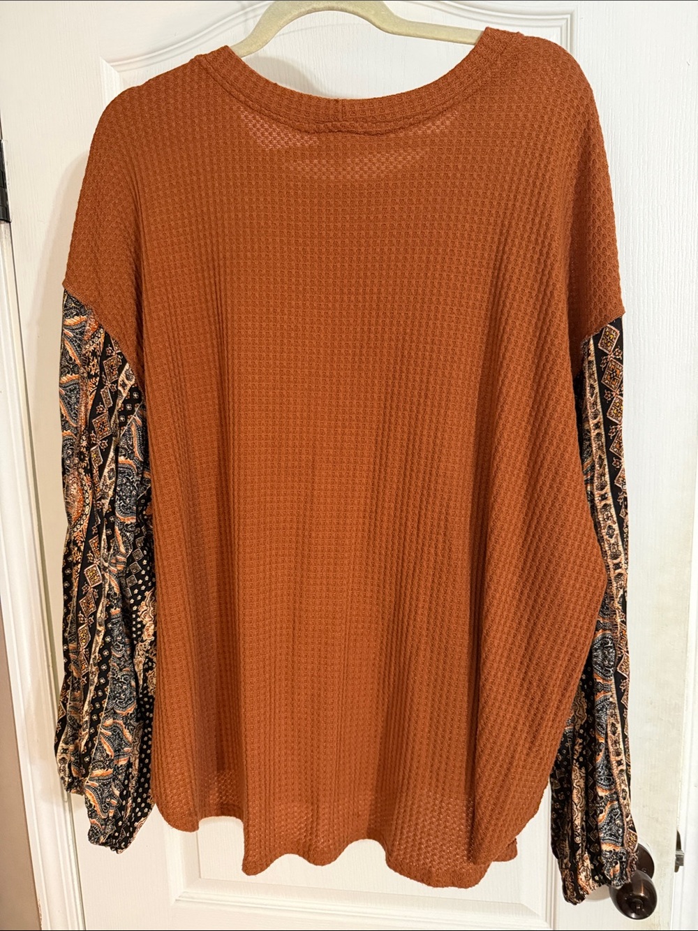 Rust Waffle-Knit Pullover with Paisley Balloon Sleeves - Picture 5 of 6